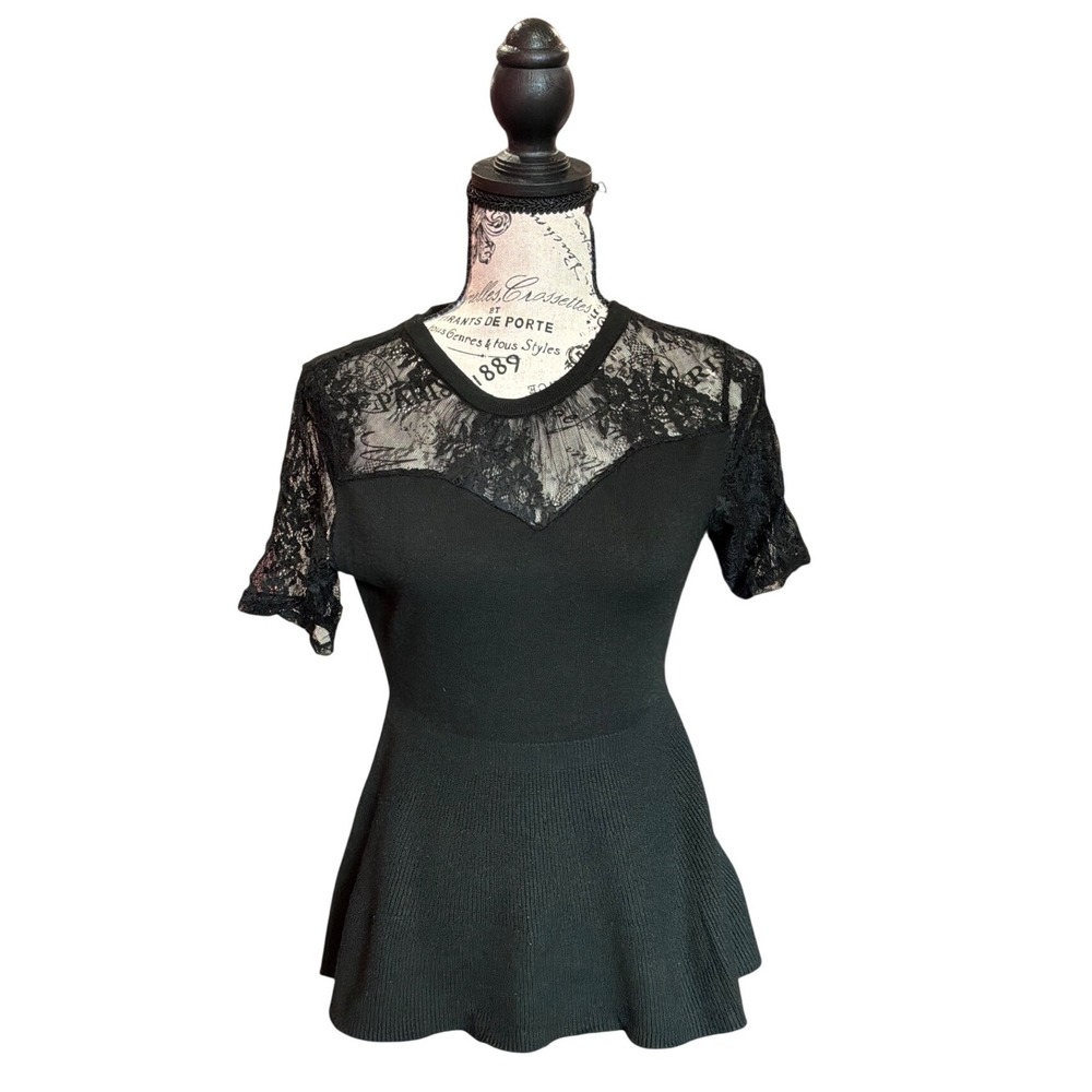 Sweet Halo Womens Black Lace Yoke Peplum Top Short Sleeve‎ Knit Blouse Small